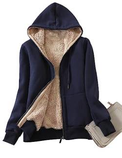 Minetom Damen Kapuzenjacke Kuschelig Warmer Innenfutter Sweatjacke Reißverschluss Kapuzenpullover Basic Bequem Outwear Frauen Hoodie Oberteile mit Kapuzen und Zip Herbst Winter A Blau L von Minetom