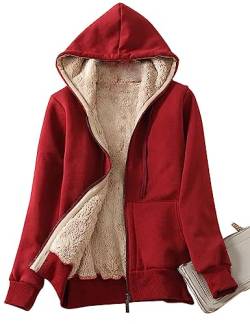 Minetom Damen Kapuzenjacke Kuschelig Warmer Innenfutter Sweatjacke Reißverschluss Kapuzenpullover Basic Bequem Outwear Frauen Hoodie Oberteile mit Kapuzen und Zip Herbst Winter A Rot L von Minetom