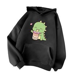 Minetom Damen Kapuzenpullover Langarm Hoodie Kawaii Dinosaurier Hoodies Pulli Teenager Mädchen Mode Casual Sweatshirt Herbst Winter Warme Oberteile mit Kapuze Kordel und Taschen A Schwarz S von Minetom