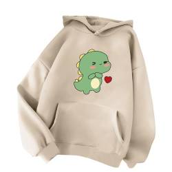 Minetom Damen Kapuzenpullover Langarm Hoodie Kawaii Dinosaurier Hoodies Pulli Teenager Mädchen Mode Casual Sweatshirt Herbst Winter Warme Oberteile mit Kapuze Kordel und Taschen F Beige XS von Minetom