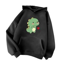 Minetom Damen Kapuzenpullover Langarm Hoodie Kawaii Dinosaurier Hoodies Pulli Teenager Mädchen Mode Casual Sweatshirt Herbst Winter Warme Oberteile mit Kapuze Kordel und Taschen F Schwarz XL von Minetom