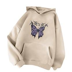 Minetom Damen Kapuzenpullover Langarm Hoodie Kawaii Schmetterling Hoodies Pulli Teenager Mädchen Mode Casual Sweatshirt Herbst Winter Warme Oberteile mit Kapuze Kordel und Taschen B Beige M von Minetom