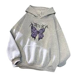 Minetom Damen Kapuzenpullover Langarm Hoodie Kawaii Schmetterling Hoodies Pulli Teenager Mädchen Mode Casual Sweatshirt Herbst Winter Warme Oberteile mit Kapuze Kordel und Taschen B Grau M von Minetom