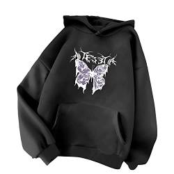 Minetom Damen Kapuzenpullover Langarm Hoodie Kawaii Schmetterling Hoodies Pulli Teenager Mädchen Mode Casual Sweatshirt Herbst Winter Warme Oberteile mit Kapuze Kordel und Taschen B Schwarz L von Minetom