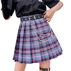 Minetom Damen Kariert Kilt-Rock Faltenröcke Tartan Minirock Hohe Taille Kurz Skirt Skater Rock Informell Mini Glocken Rock Rosa Rot L von Minetom