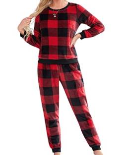 Minetom Damen Kariert Schlafanzug Lang Pyjama Set Flanell Herbst Winter Warm Fleece Nachtwäsche Zweiteiliger Loungewear Hausanzug Plüsch Langarm Shirt und Hose 2 Stück A Rot XS von Minetom