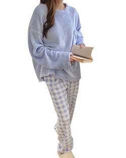 Minetom Damen Kariert Schlafanzug Lang Pyjama Set Flanell Herbst Winter Warm Fleece Nachtwäsche Zweiteiliger Loungewear Hausanzug Plüsch Langarm Shirt und Hose 2 Stück C Blau M von Minetom