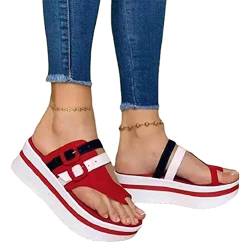 Minetom Damen Keilabsatz Sandalen Sommer Offene Schuhe Faux Leder Plattform Rom Damen Flip Flops Freizeit Sommerschuhe A Rot 40 EU von Minetom