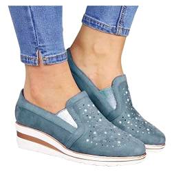 Minetom Damen Keilabsatz Schuhe Plateau Strass Lässige Halbschuhe Modische Vintage Slip On Bootsschuhe Freizeit Low Top Freizeitschuh Bequeme Schlupfschuhe A Blau 35 EU von Minetom