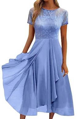 Minetom Damen Kleider Spitzenkleid Chiffon Cocktailkleid Festliches Ballkleid Brautjungfernkleider Für Hochzeit Midi Abendkleider A Blau XL von Minetom