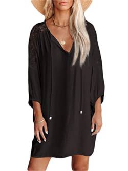 Minetom Damen Kleider Strand Elegant Casual Kleid Langarm Sommerkleider Boho V-Ausschnitt Quaste Spitze Tunika Mini Kleider E Schwarz 46 von Minetom