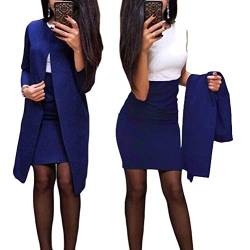 Minetom Damen Langarm Bodycon Mini Kleid und Jacke Langer Mantel 2 Stücke Herbst Winter Elegant Sexy Büro Party Cocktail Business Abendkleid Bleistftkleid B Blau 42 von Minetom