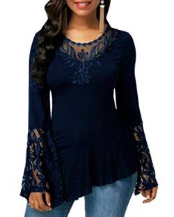 Minetom Damen Langarmshirt T-Shirt mit Floral Spitze Spitzenshirt Top Unregelmäßig Große Größe Sexy Bluse Shirt Tunika Hemd Blau 40 von Minetom