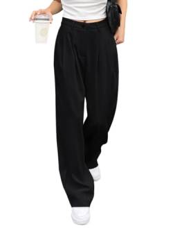 Minetom Damen Lange Hose Straight Hose Mit Tasche Palazzo Pants Klasse Weiten Beinen Büro Hosen Mit Reißverschluss A Schwarz XL von Minetom