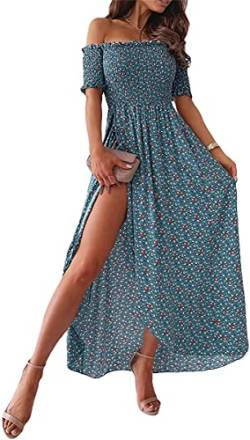 Minetom Damen Lange Kleid Off Shoulder Rüsche mit Puffärmel Blumendruck Sommerkleid Cocktail Partykleid Maxikleid Strandkleider mit hohem Schlitz J Blau L von Minetom