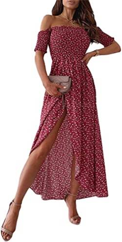 Minetom Damen Lange Kleid Off Shoulder Rüsche mit Puffärmel Blumendruck Sommerkleid Cocktail Partykleid Maxikleid Strandkleider mit hohem Schlitz J Rot L von Minetom