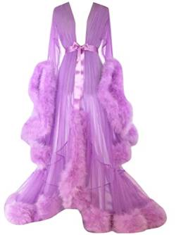 Minetom Damen Langes Kleid Langarm Sexy Perspektive Nachthemd Bademantel Nachtwäsche Festliche Kleider Violett Einheitsgröße von Minetom