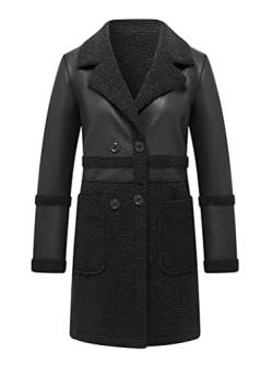 Minetom Damen Ledermantel Trenchcoat Lange Mantel Revers Fleece Blazer Jacke Elegant Winter Langarm Warme Plüsch Gefüttert Winterjacke Wintermantel Outwear B Schwarz XXL von Minetom