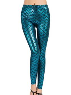 Minetom Damen Leggings Fischschuppe Glanz Leggings Fisch Schuppen Scale Glänzend Strumpfhose Hüfthose Hose Skinny Pants für Karneval Kostüm Blau S von Minetom