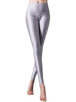 Minetom Damen Mädchen Glanz Leggings Tanz Leggings Glänzend Slim Fit Fitnesshose Skinny Stretch Elastisch Sport Training Fitness Yoga Hosen Silber XL von Minetom