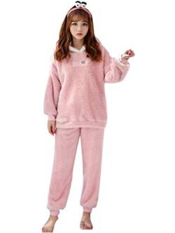Minetom Damen Mädchen Herbst Winter Pyjama Schlafanzug Set Flanell Zweiteiliger Langarm Nachtwäsche Süßes Tier Kaninchen Warm Plüsch Kapuzenpullover und Hosen A Rosa 34 von Minetom