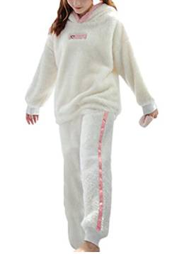 Minetom Damen Mädchen Herbst Winter Pyjama Schlafanzug Set Flanell Zweiteiliger Langarm Nachtwäsche Süßes Tier Kaninchen Warm Plüsch Kapuzenpullover und Hosen A Weiß 36 von Minetom