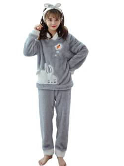 Minetom Damen Mädchen Herbst Winter Pyjama Schlafanzug Set Flanell Zweiteiliger Langarm Nachtwäsche Süßes Tier Warm Fleece Plüsch Kapuzenpullover Hoodie und Hosen L Grau 36 von Minetom