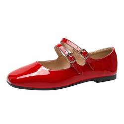 Minetom Damen Mädchen Mary Jane Elegant Schnalle Flache Ballerinas Bequeme Party Hochzeit Flats Schuhe A Rot 42 EU von Minetom