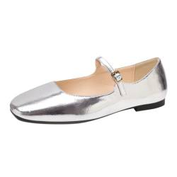 Minetom Damen Mädchen Mary Jane Elegant Schnalle Flache Ballerinas Bequeme Party Hochzeit Flats Schuhe B Silber 43 EU von Minetom