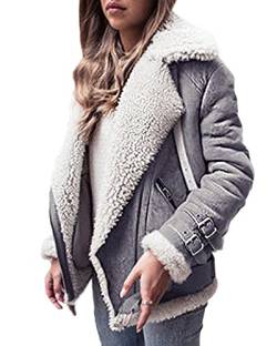 Minetom Damen Mäntel Warm Streetwear Winterjacke Wildleder Wolle Motorradjacke Fleece Outwear Jacke Parka Mit Taschen A Grau 34 von Minetom