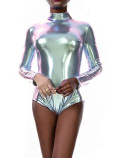 Minetom Damen Metallic Bodysuit Sexy Kunstleder Tanz Body Blusebody Bodysuits Oberteil Tops Slim Club Party Bodycon Jumpsuit Overall Clubwear G Silber S von Minetom