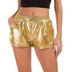Minetom Damen Metallic Shiny Shorts Wet Look Tunnelzug Elastische Sport Gym Kurz Hosen Hotpants Mit Taschen Gold M von Minetom