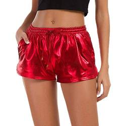 Minetom Damen Metallic Shiny Shorts Wet Look Tunnelzug Elastische Sport Gym Kurz Hosen Hotpants Mit Taschen Rot S von Minetom