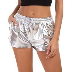 Minetom Damen Metallic Shiny Shorts Wet Look Tunnelzug Elastische Sport Gym Kurz Hosen Hotpants Mit Taschen Yoga Heiße Shorts Glänzend Etallic Silber XS von Minetom