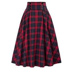 Minetom Damen Midi Faltenrock Kariert Hohe Taille A-Linie Lang Rock Plaid Midi Rock Vintage Swing Rock Rockabilly Skirt A Rot L von Minetom