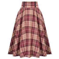 Minetom Damen Midi Faltenrock Kariert Hohe Taille A-Linie Lang Rock Plaid Midi Rock Vintage Swing Rock Rockabilly Skirt B1 Rosenrot M von Minetom