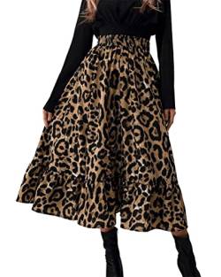 Minetom Damen Midi Plisseerock Leopard Faltenrock Elastisch Herbst Rock Midirock A Linie Hohe Taille Retro Swing Rock A Leopard L von Minetom