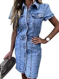 Minetom Damen Minikleid Shirt Blusenkleid Hemdkleid Jeanskleider Lange Kurzarm Denim Kleider Tunikakleid Partykleid F Blau 36 von Minetom