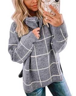 Minetom Damen OL Rollkragenpullover Kariert Langarm Feinstrick Strickpullover Modische Grau 40 von Minetom