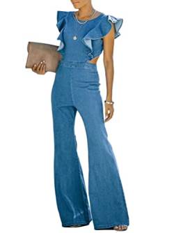 Minetom Damen Overall Hose Rüschen Denim Jeans Lang Casual Bodycon Strampler Jumpsuit Playsuit Bodysuit Romper A Blau M von Minetom