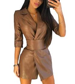 Minetom Damen PU Lederkleider Partykleid Clubwear Leder Wetlook Reißverschluss Bodycon Kurz Minikleid Cocktailkleid A Braun M von Minetom