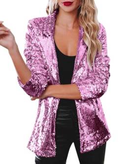 Minetom Damen Pailletten Blazer Glitzer Cardigan Langarm Party Club Jacke Blazer Anzugjacke Clubwear Karneval Rave Festival Outfit A Rosa 3XL von Minetom