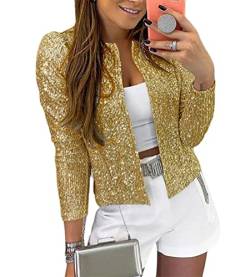 Minetom Damen Pailletten Blazer Pailletten Schimmer Jacke Lässig Langarm Glitzer Party Glänzend Kurz Mantel Rave Oberbekleidung Mantel Outfits Clubwear A Gold S von Minetom