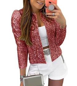 Minetom Damen Pailletten Blazer Pailletten Schimmer Jacke Lässig Langarm Glitzer Party Glänzend Kurz Mantel Rave Oberbekleidung Mantel Outfits Clubwear A Rot L von Minetom