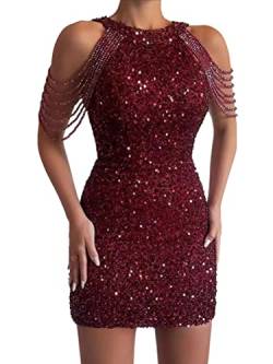 Minetom Damen Pailletten Kleid Ärmellos Partykleid Bleistiftkleid Abendkleider Rockabilly Cocktail Festlich Hochzeit Kleid A Rot S von Minetom