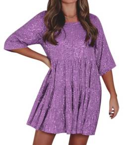 Minetom Damen Pailletten Kleid Kurzarm Party Cocktailkleid Club Glitzer Rundhals Vintage A-Linien Minikleid Festlich Abendkleid Glitzerndes Prom Kleider A Violett XL von Minetom