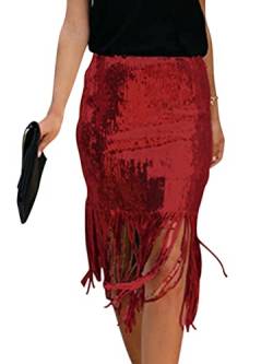 Minetom Damen Pailletten Rock Bleistiftrock Hohe Taille Glitzer Meerjungfrau Rock Bodycon Midi Skirt E Rot L von Minetom