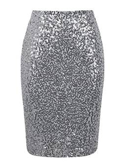 Minetom Damen Pailletten Rock Bleistiftrock Hohe Taille Glitzer Meerjungfrau Rock Bodycon Midi Skirt Pencil Rock A Silber M von Minetom