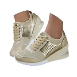 Minetom Damen Pailletten Sneaker Flach Schuhe Freizeit Schnürer Sportschuhe Glänzende Schuhe Laufschuhe Sneaker C Gold 38 EU von Minetom