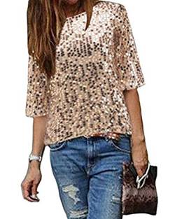 Minetom Damen Pailletten Top Schulterfrei T-Shirt Sparkle Glänzend Bluse Party Club Hemd Tunika Kurzarm Oberteil A Gold 42 von Minetom